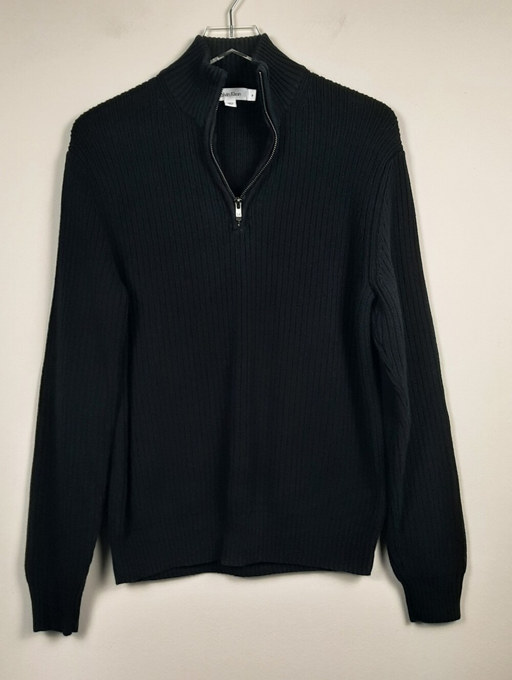Calvin Klein Navy Quarter Zip Ribbed Cotton Sweater Medium